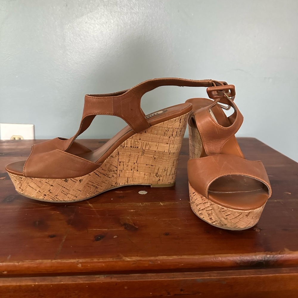 Brown and tan leather wedge heel with buckle
